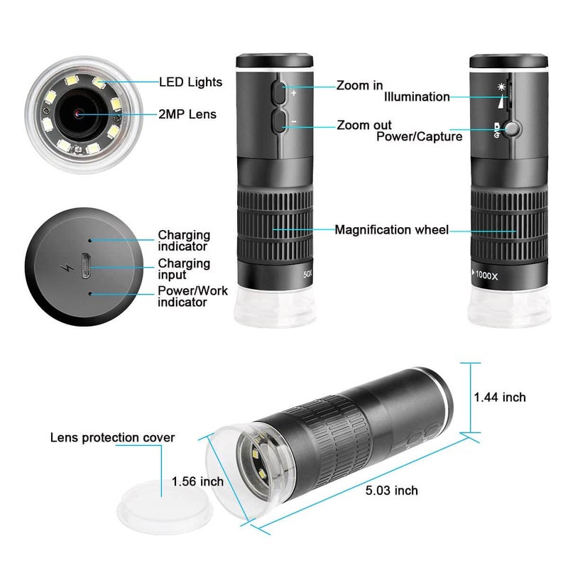 Jiusion WiFi USB Digital Microscope 50 to 1000x Wireless Magnification Endoscope 8 LED Mini HD Camera with Updated Stand Portable Case, Compatible with iPhone iPad Android Mac Windows Linux - Image 5